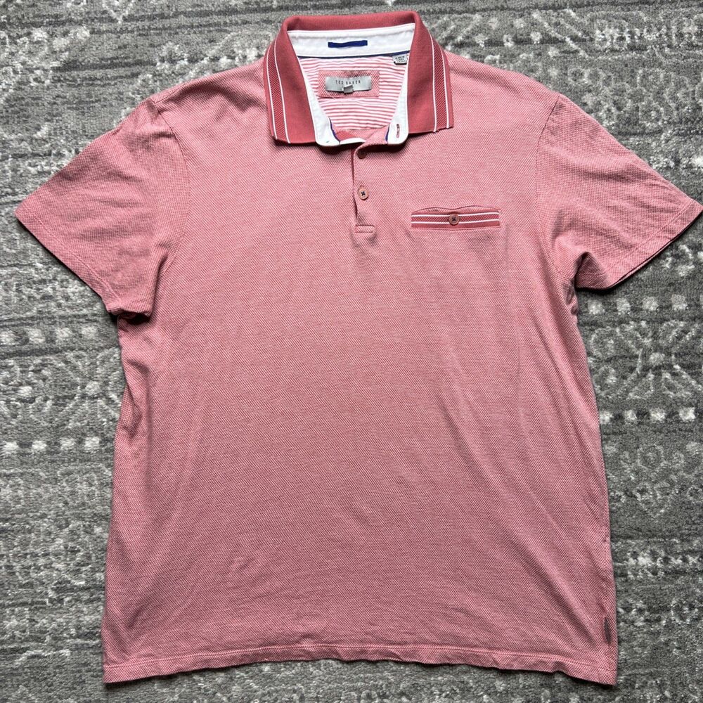 TED BAKER Mens Polo Shirt Size 5 XL Pink Mauve Cotton Pocket Stripe Trim